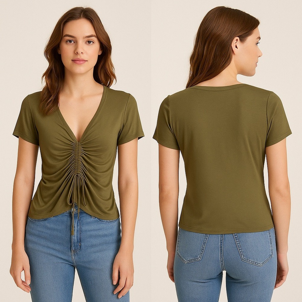 Free Kisses Olive Green Drawstring Ruched V- Neck Short Sleeve‎ T Shirt Top XL